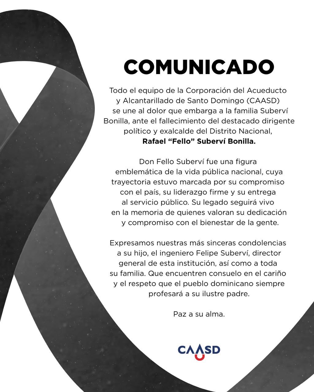 CAASD expresa profundo pesar por el fallecimiento del señor Rafael “Fello” Suberví Bonilla